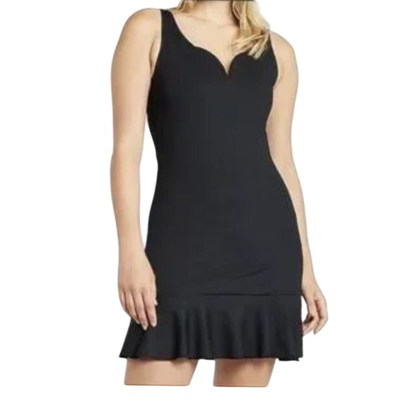 Express Women Mini Dress Black Sleeveless Ribbed Knit  Ruffle Hem V-Neck Large - Picture 1 of 11